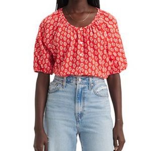 Levi’s Red Puff Sleeve Smocked Blouse
